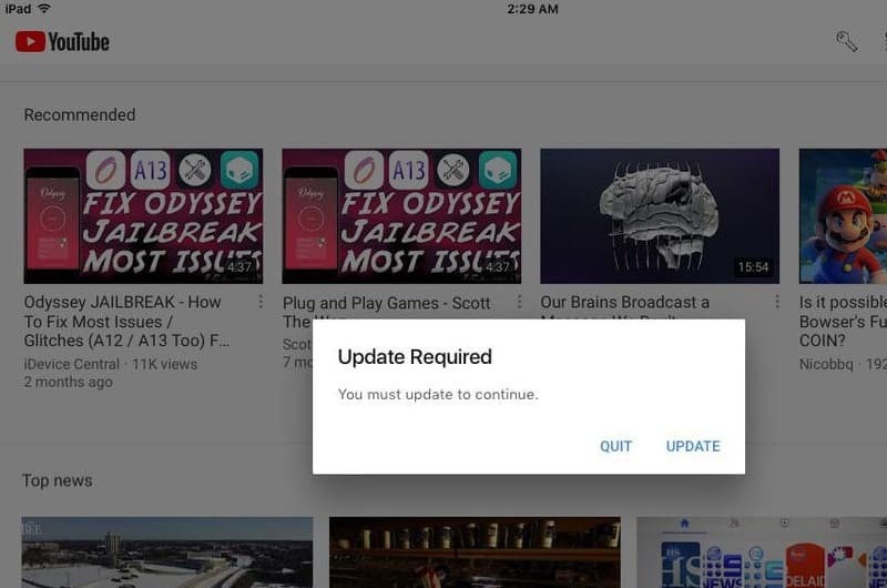 Yêu cầu cập nhật YouTube trên iPhone, Ipab và cách xử lý