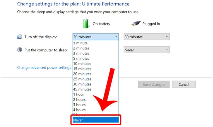 Trong phần On Battery, thiết lập tất cả các mục thành Never