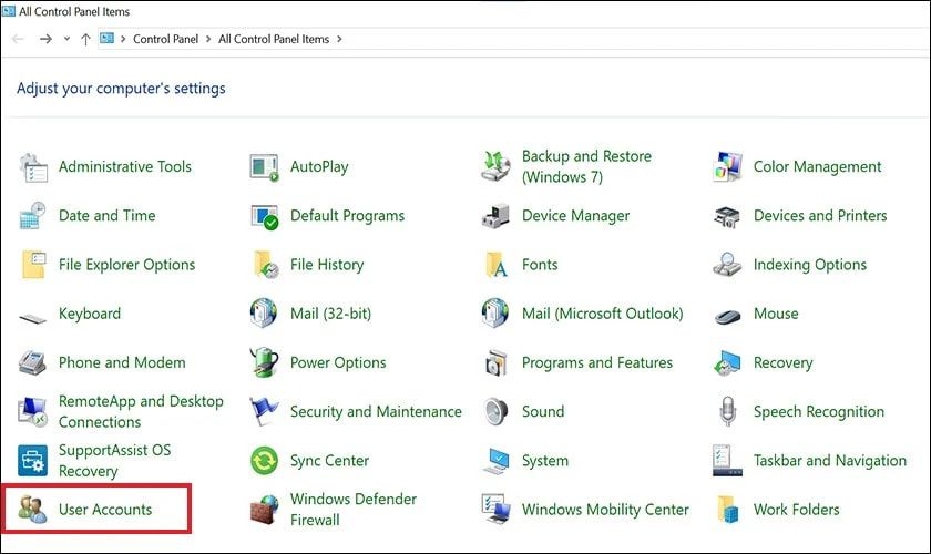 Mở Control Panel và chọn User Accounts