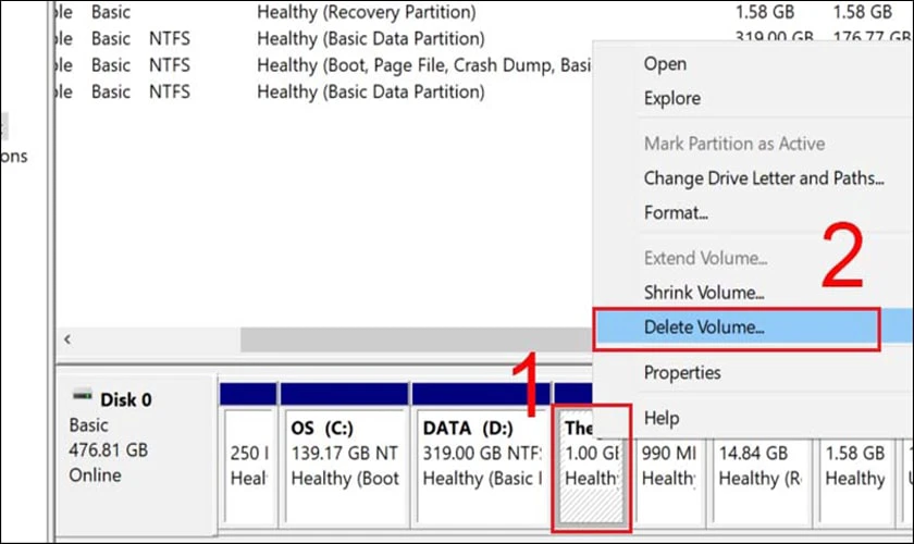 Nhấn chuột phải vào phân vùng chứa dữ liệu bạn muốn gộp và chọn Delete Volume