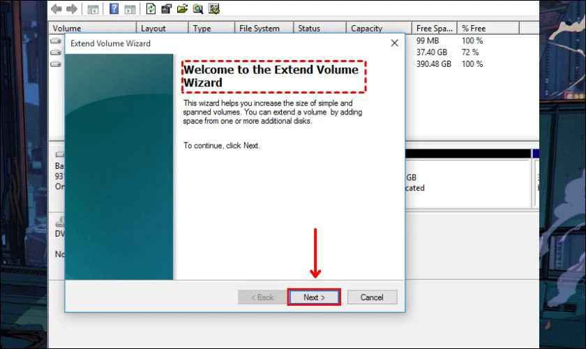 Hộp thoại Extend Volume Wizard xuất hiện, lúc này bạn nhấn Next