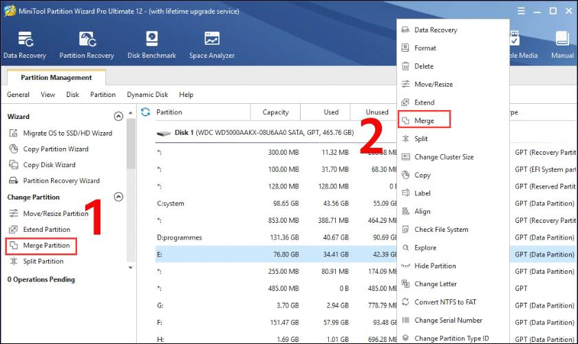 Để mở chức năng gộp ổ cứng trên MiniTool Partition Wizard, bạn bấm vào Merge Partition
