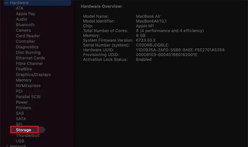 Tìm mục Storage trong phần Hardware