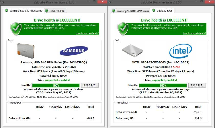 SSD Life cung cấp thông tin chi tiết về tuổi thọ và tình trạng của ổ cứng