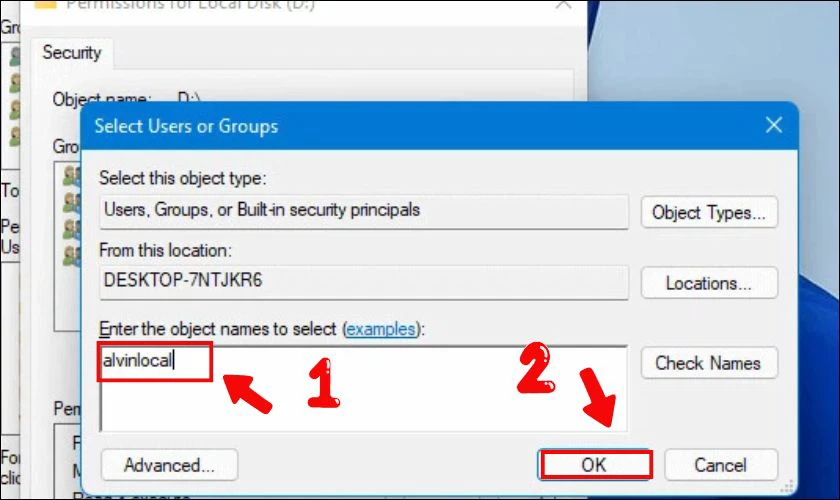 Dưới Enter the object names to select hãy nhập tên tài khoản mà bạn muốn hạn chế quyền truy cập. Sau đó bấm nút OK để thêm vào danh sách hạn chế