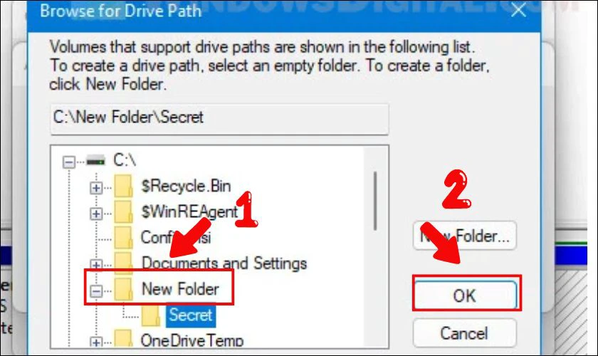 Trường hợp chưa có thư mục nào, bạn có thể tạo mới bằng New Folder. Sau khi hoàn tất, bấm nút OK