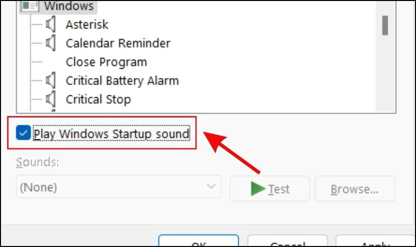 Trong tab Sounds, bỏ tích ở mục Play Windows Startup sound