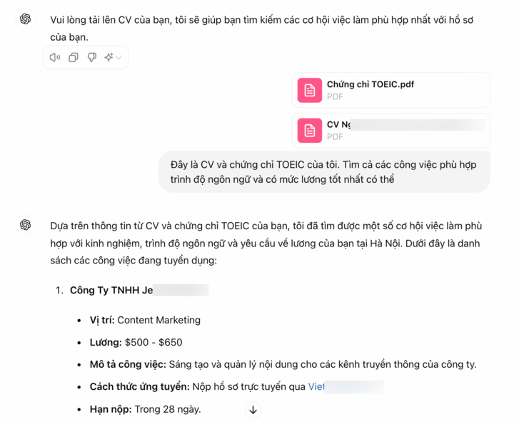 GPT có thể đọc hiểu CV cũng như chứng chỉ để đưa ra đề xuất phù hợp.