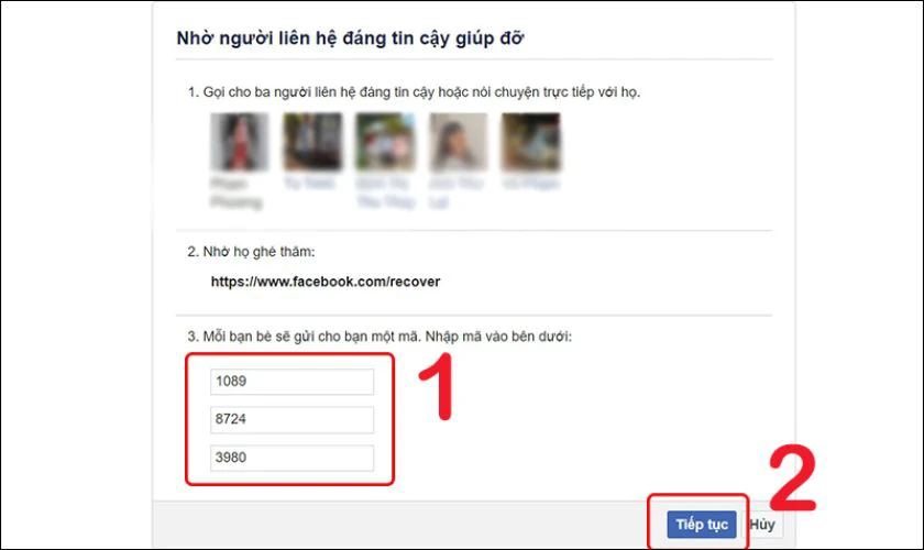 Sử dụng liên hệ tin cậy lấy lại mật khẩu Facebook khi mất số điện thoại và email bước 5