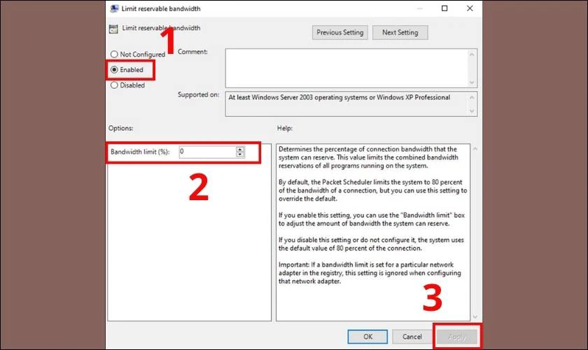 Nhấn vào Enable rồi nhập 0 vào mục Bandwidth limit (%)