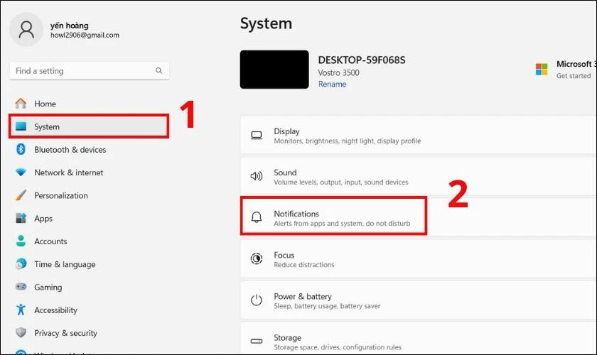 Chọn mục System ở cột bên tay trái rồi nhấn vào dòng Notifications