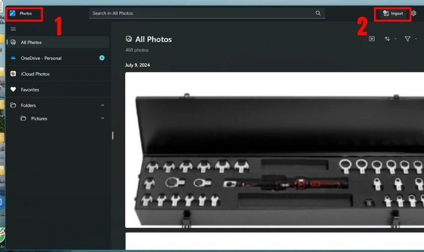 Trên giao diện của ứng dụng Photos trên máy tính, hãy chọn tab Import