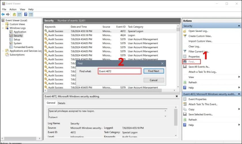 Sử dụng tính năng tìm kiếm (Find...) và nhập Event ID 4672